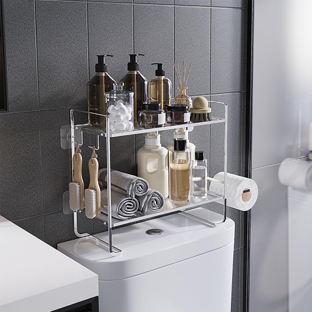GARVEE Meuble de rangement pour toilettes avec 2 niveaux en métal, sans perçage, porte-rouleau de papier toilette pour salle de bain et douche