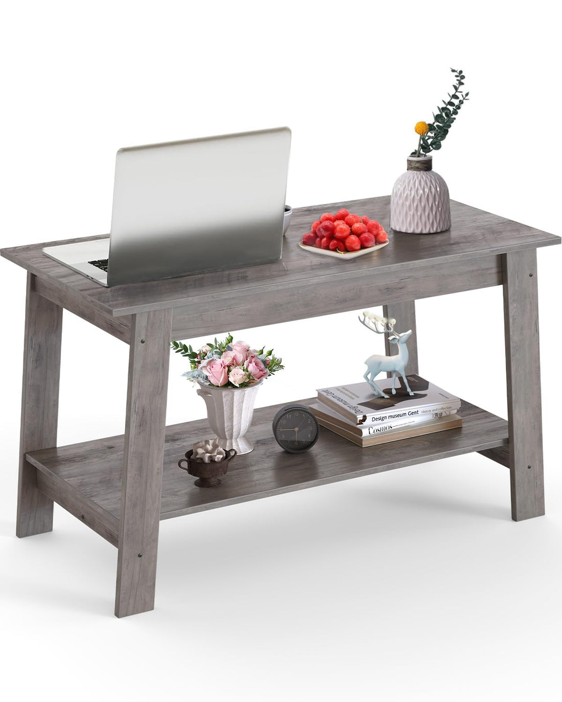Table basse industrielle Garvee 31,49 po à 2 niveaux, bois rustique gris, idéale pour le salon et la chambre, gain de place et stable.
