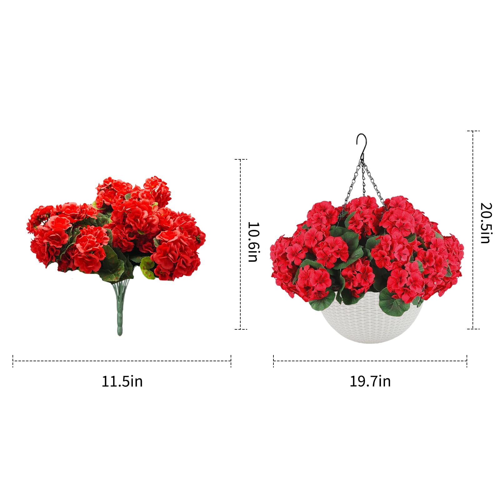 Garvee Ensemble de géraniums artificiels d'extérieur - 2 paniers suspendus avec 12 fleurs rouges pour jardin, terrasse, Noël, résistant aux intempéries et aux UV, en plastique