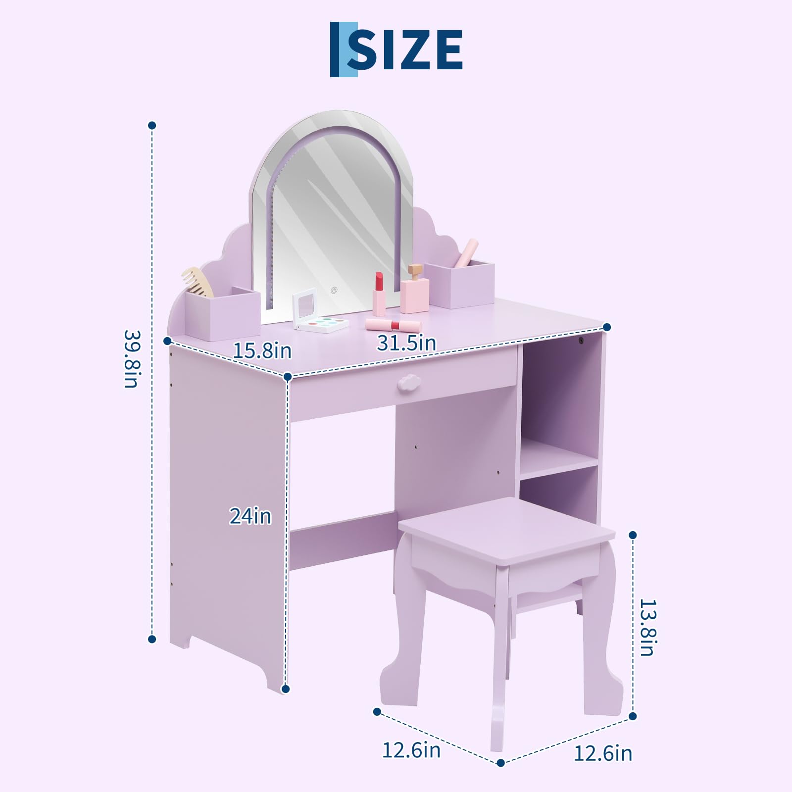 Garvee Coiffeuse Enfant avec Miroir LED, Table et Tabouret 2 en 1, Lumière Réglable, MDF Sûr, Grand Rangement, 100 cm, Lilas