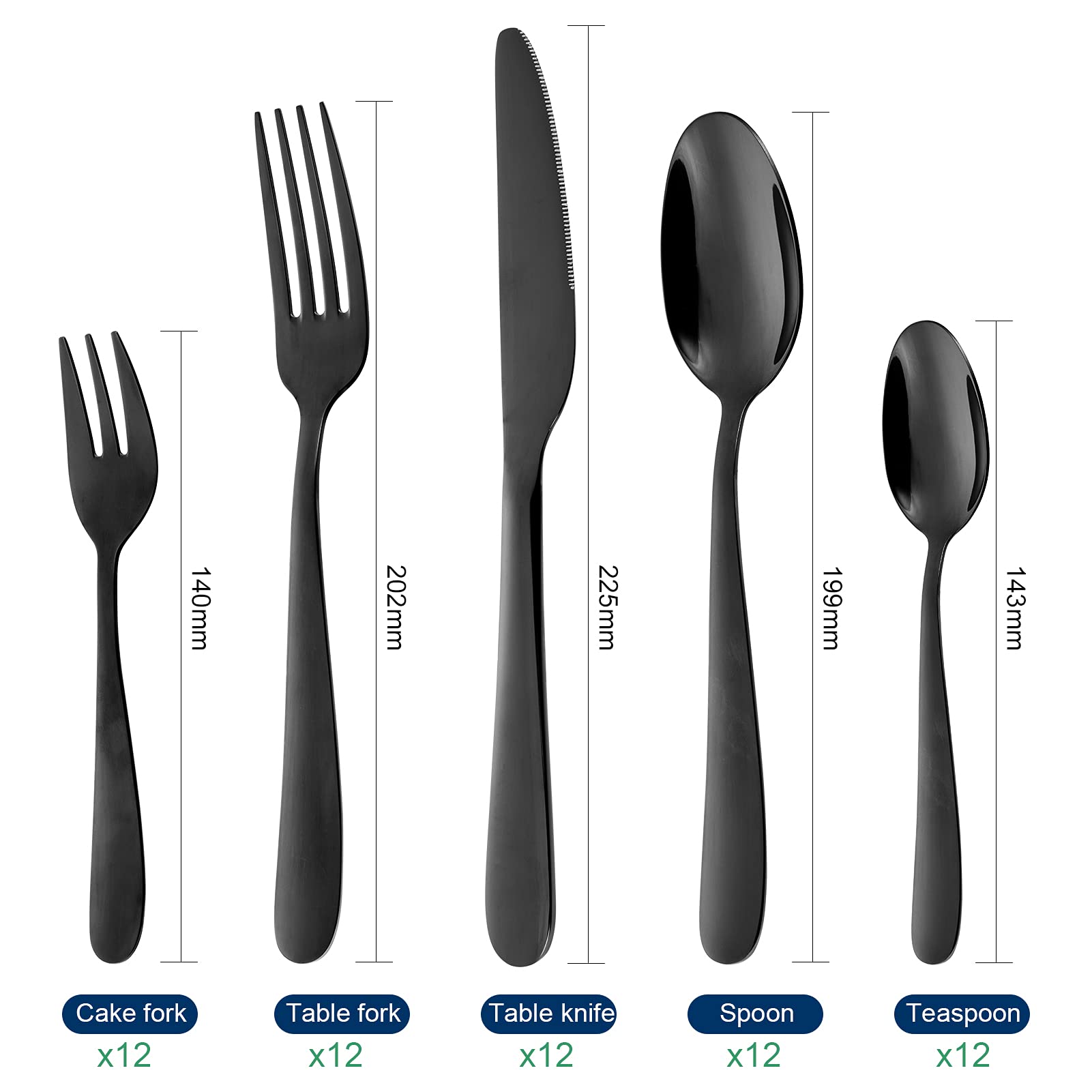 Ménagère Garvee 60 pièces, acier inoxydable noir, pour 12 personnes, finition miroir, compatible lave-vaisselle, design moderne, salle à manger