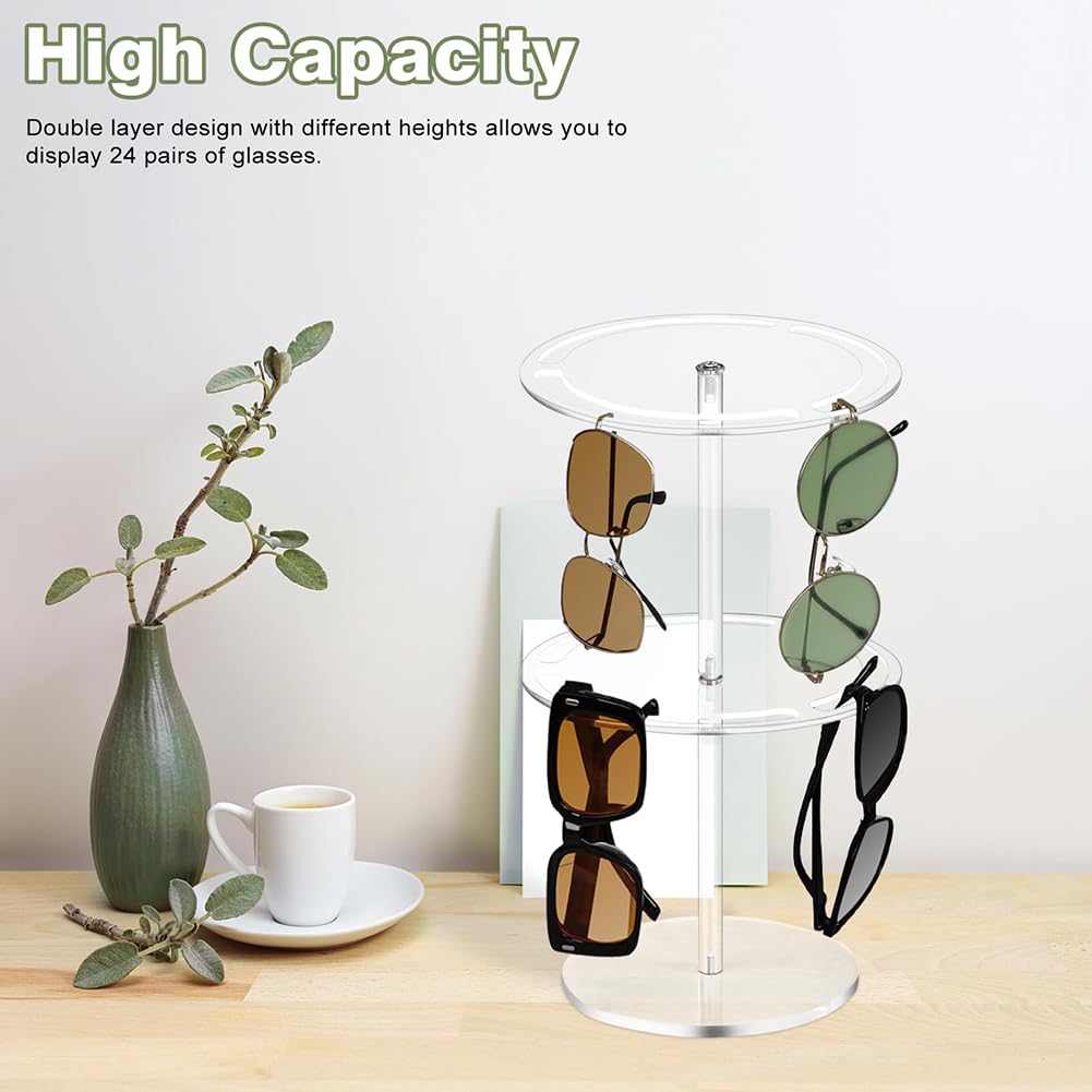 Garvee Présentoir à lunettes de soleil en acrylique transparent à double niveau, rotatif à 360°, pour bijoux et lunettes de table