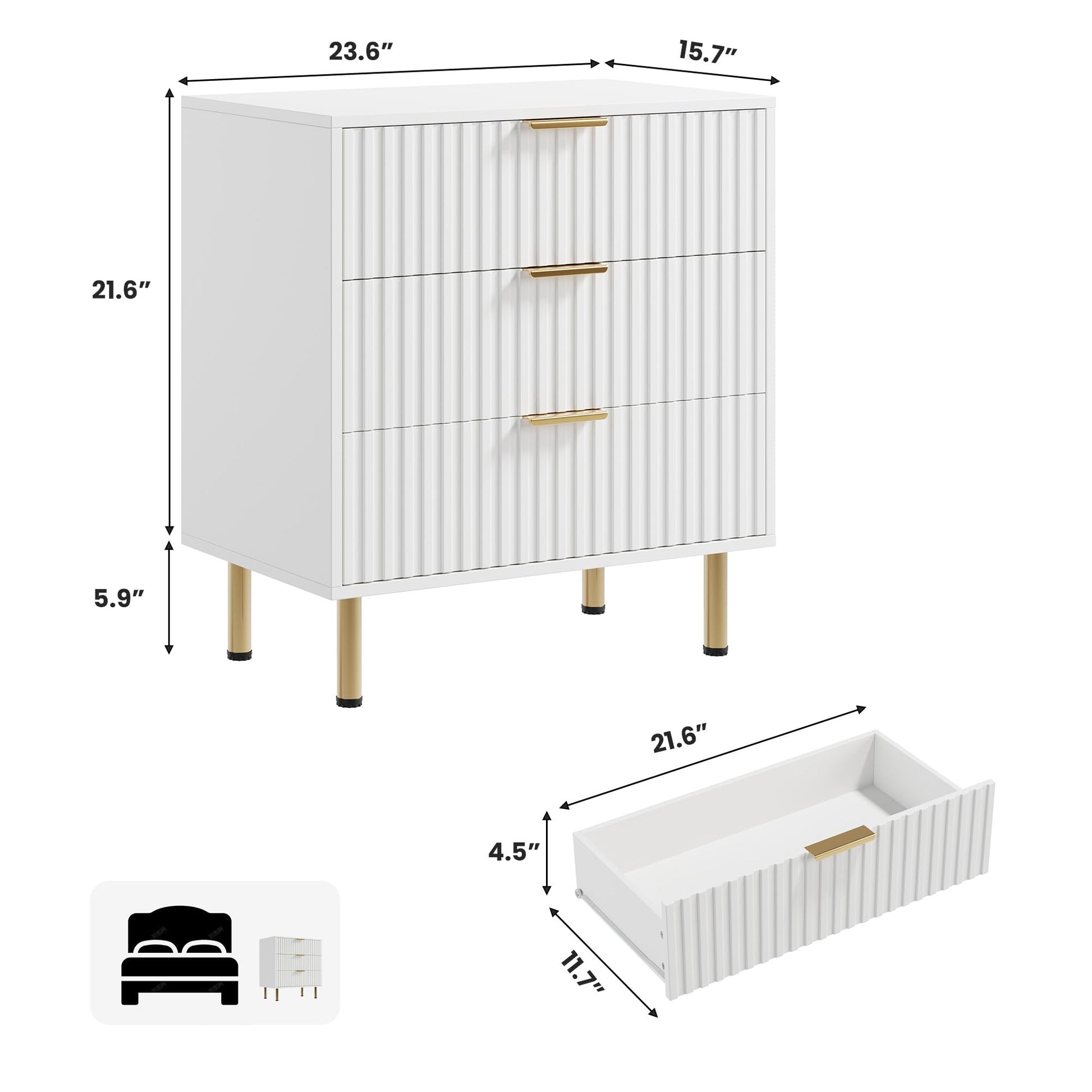 Commode Garvee blanche à 3 tiroirs, MDF moderne cannelé, résistant à l'eau, pour salon, chambre, chambre d'enfant
