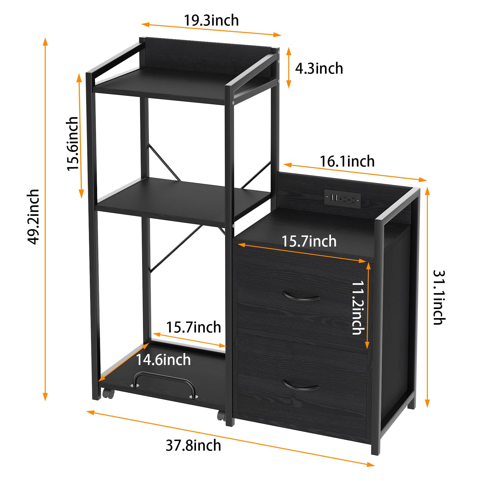 Classeur Garvee avec bandes LED, meuble de bureau à 2 tiroirs et étagère, table pour imprimante pour bureau et maison, grand format, noir