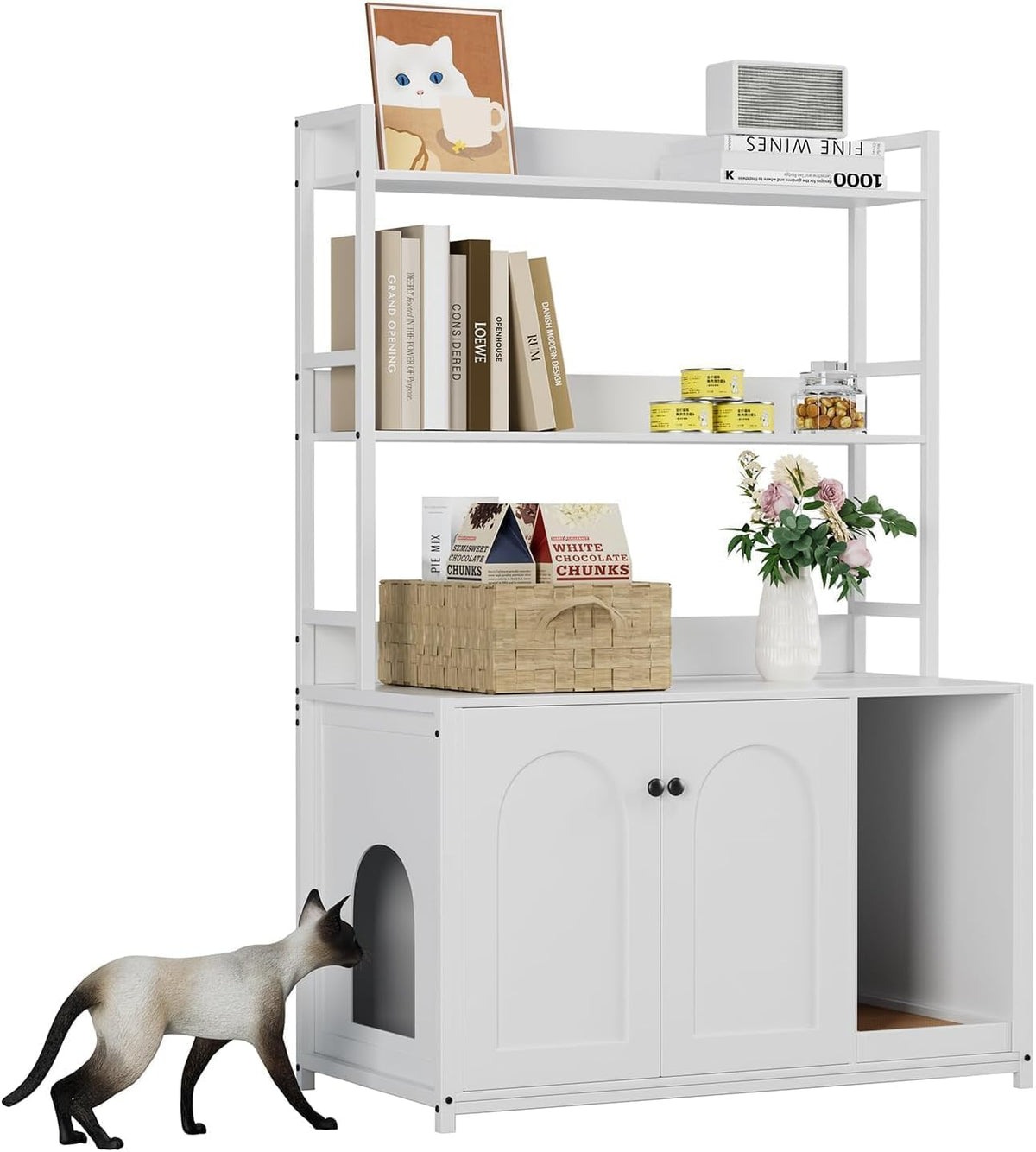 Garvee enclos pour bac à litière avec 2 portes et griffoir, MDF et acier, 3 étagères, blanc, pour le salon et la chambre, 57 cm × 42 cm × 55 cm