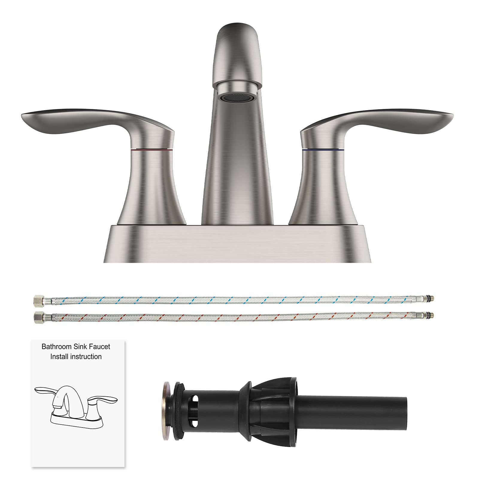 Robinet de salle de bain Garvee de 10 cm (4 po), valve en céramique, fini nickel brossé, double poignée, bonde escamotable, installation facile