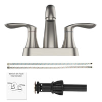 Robinet de salle de bain Garvee de 10 cm (4 po), valve en céramique, fini nickel brossé, double poignée, bonde escamotable, installation facile