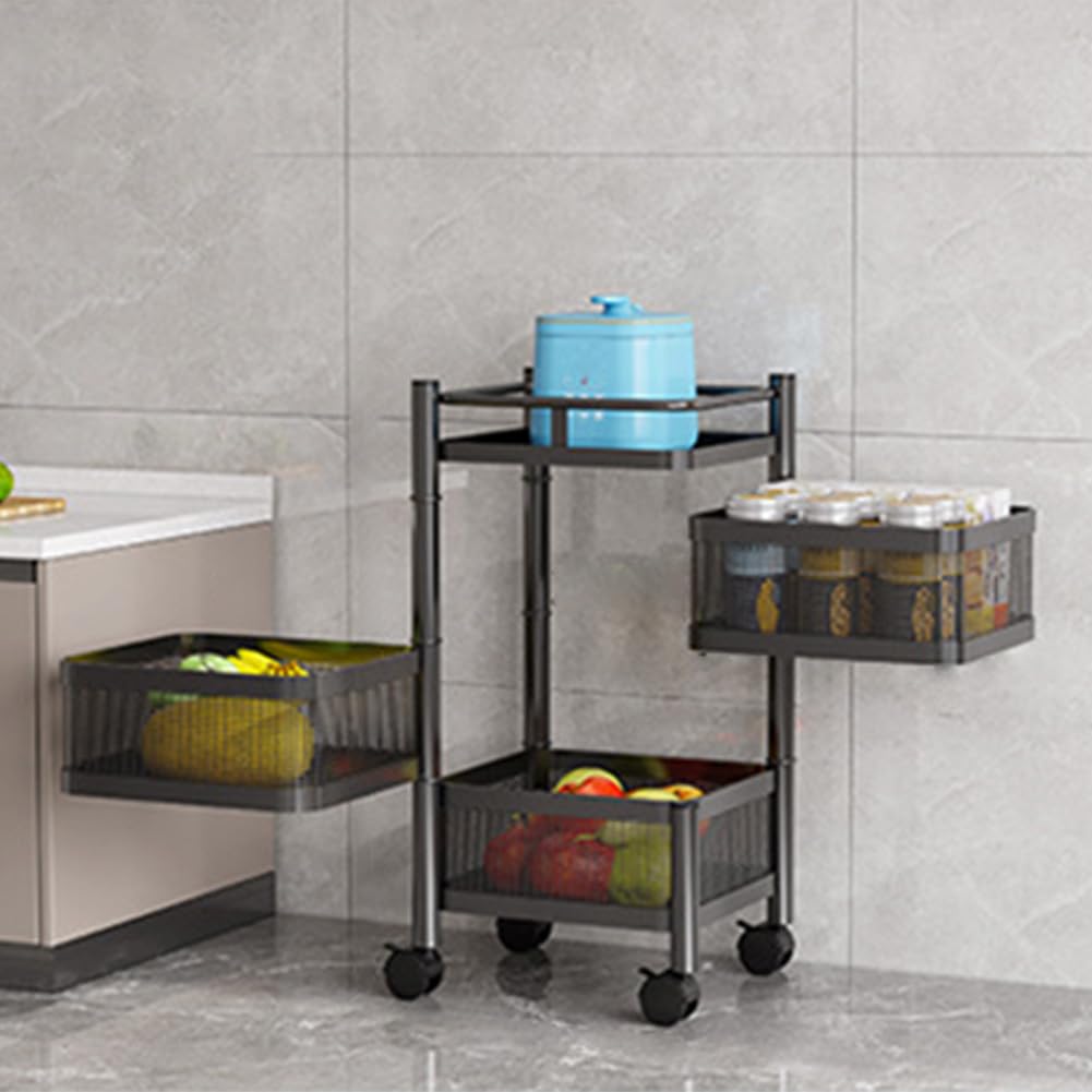 GARVEE Chariot de cuisine rotatif 3 niveaux en acier carbone avec roulettes, pour salle de bain, salon, légumes, snacks et ustensiles, noir