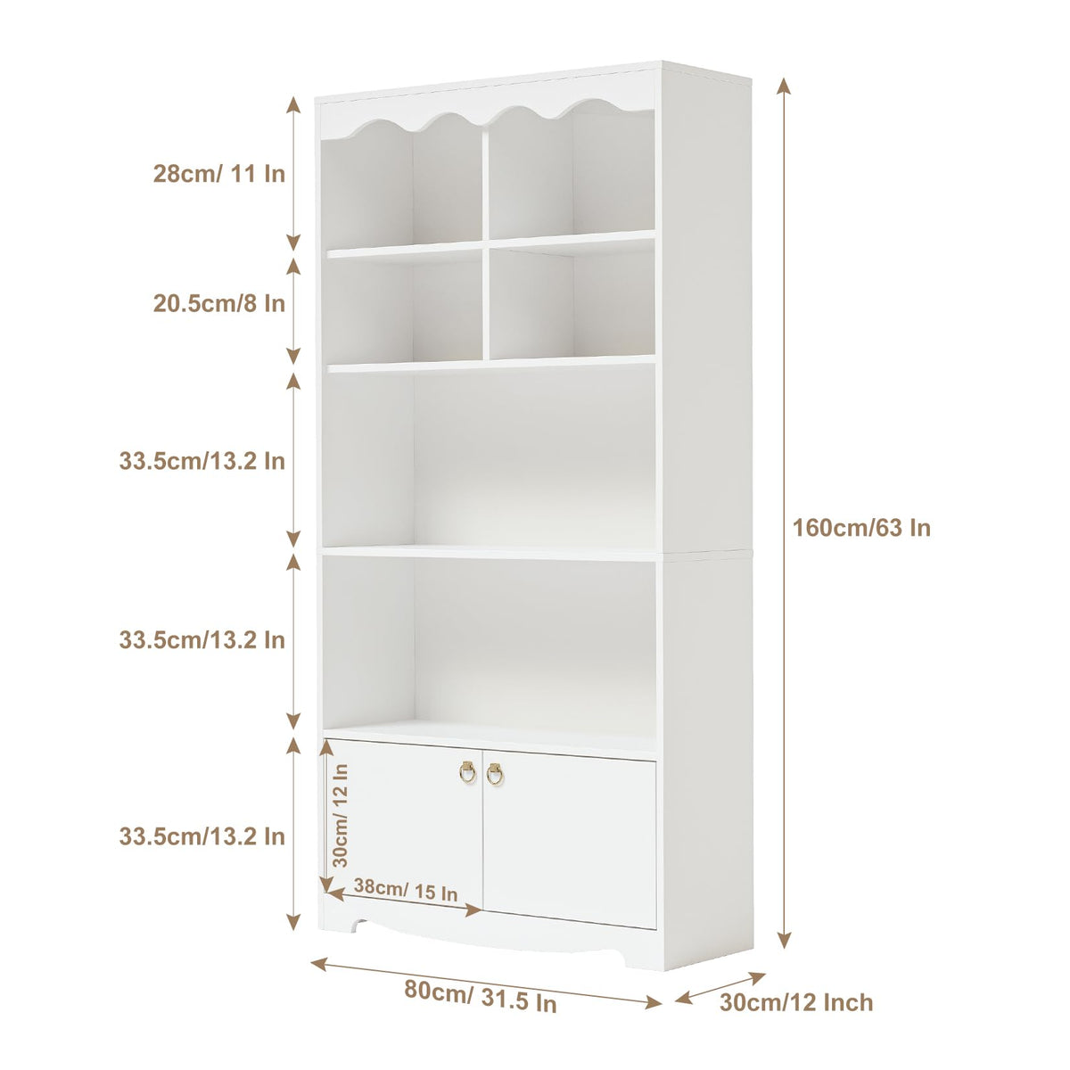 Garvee Bibliothèque blanche 5 niveaux avec étagères ouvertes et portes, meuble de rangement moderne en bois, hauteur 160cm, pour bureau