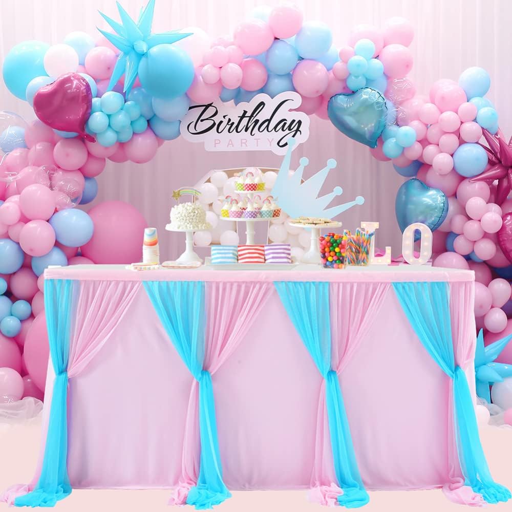 Jupe de table en tulle Garvee Monouso rose et bleu - Protection de table douce et réutilisable pour mariages et fêtes, 1,8 m/2,7 m/4,2 m, élégante et festive
