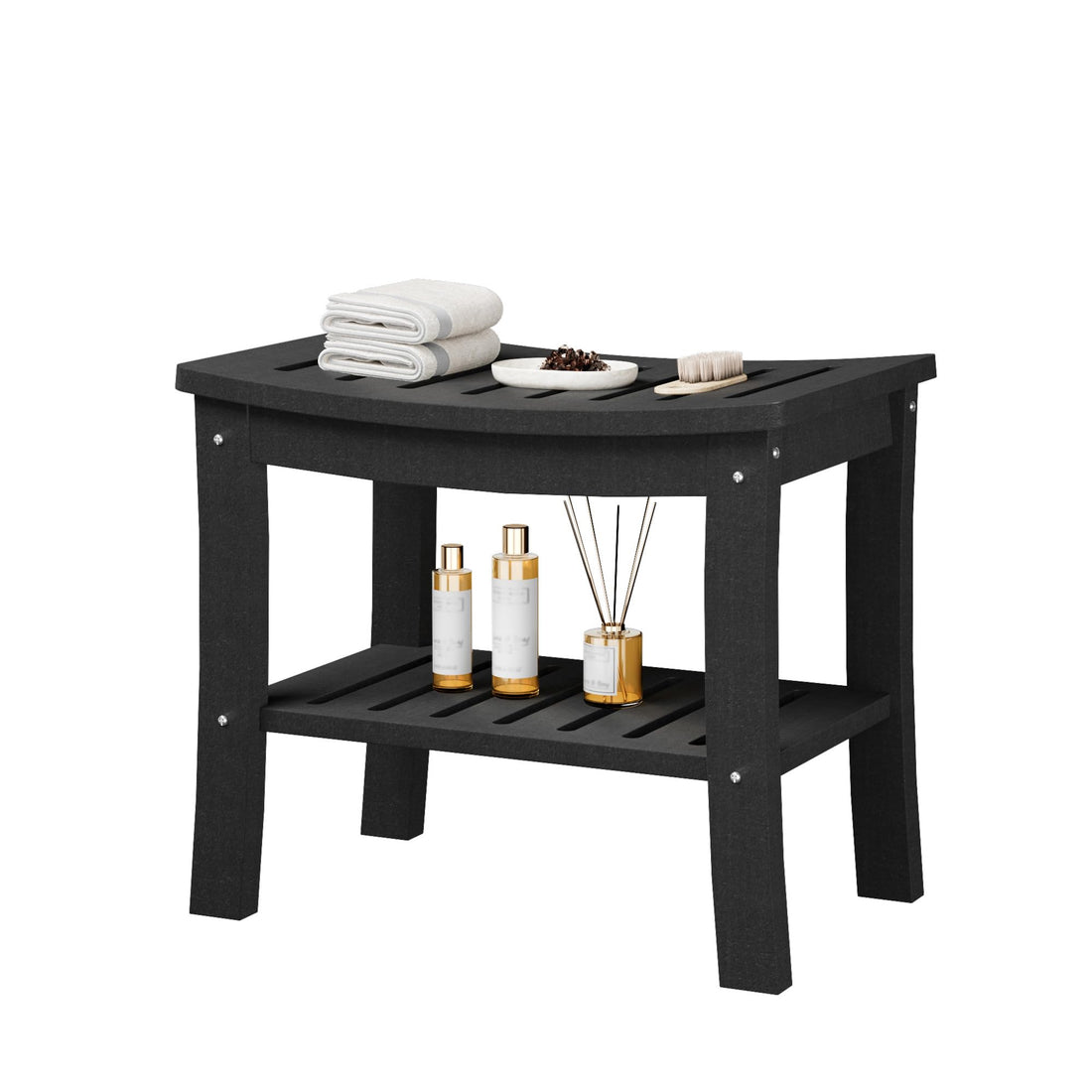 Banc de douche Garvee en PEHD avec étagère pour salle de bain et baignoire, noir, aspect bois, imperméable, résistant aux rayures