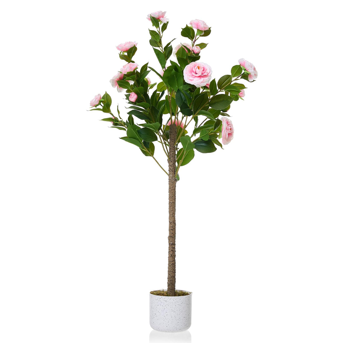 Lot de 2 camélias artificiels Garvee de 1,10 m (3,6 pi) avec fleurs réalistes, pour l'intérieur et les espaces extérieurs couverts, pot robuste, entretien facile, vert et blanc