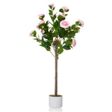 Garvee Camélia artificiel de 1,10m avec 20 fleurs roses, pot blanc, pour bureau et maison - Rose