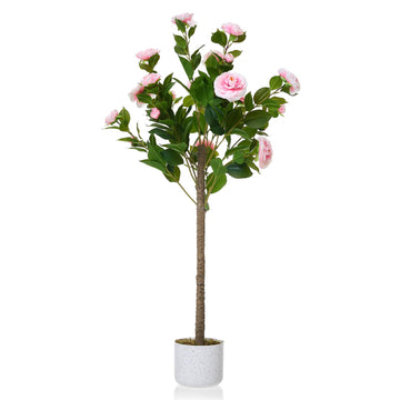 Camélia artificiel Garvee de 1,10 m avec 20 fleurs roses, pot blanc, pour bureau et maison