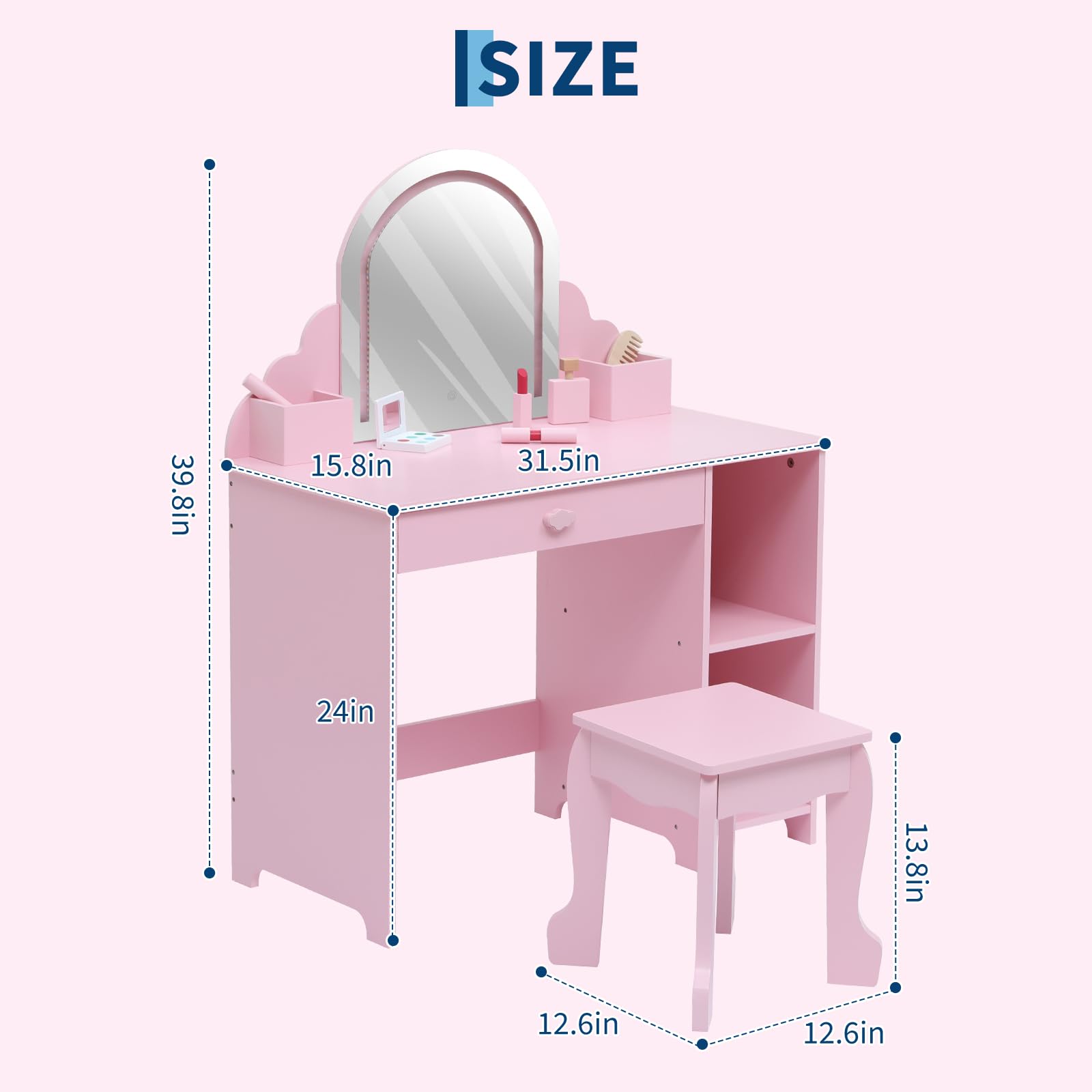 Garvee Coiffeuse Enfant Rose avec Miroir Lumineux, Tabouret, Tiroir et Étagères, MDF Sûr, LED Réglable, 100,33 × 80,01 × 40,13 cm