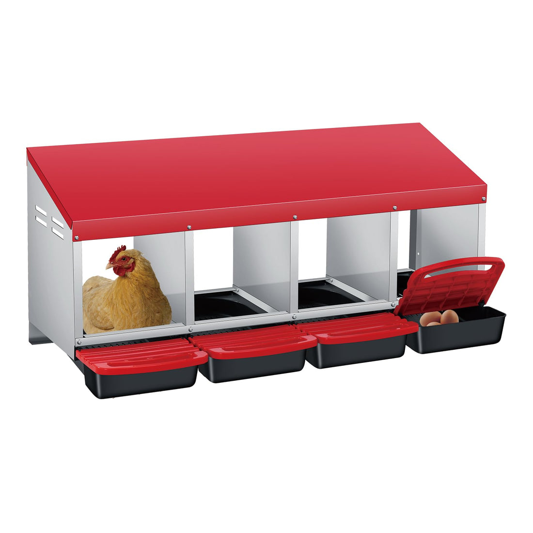 Garvee Nichoir à Poules 4 Compartiments en Métal Galvanisé avec Poignée en Plastique, Plateau Amovible, Antirouille pour Poulailler, Rouge