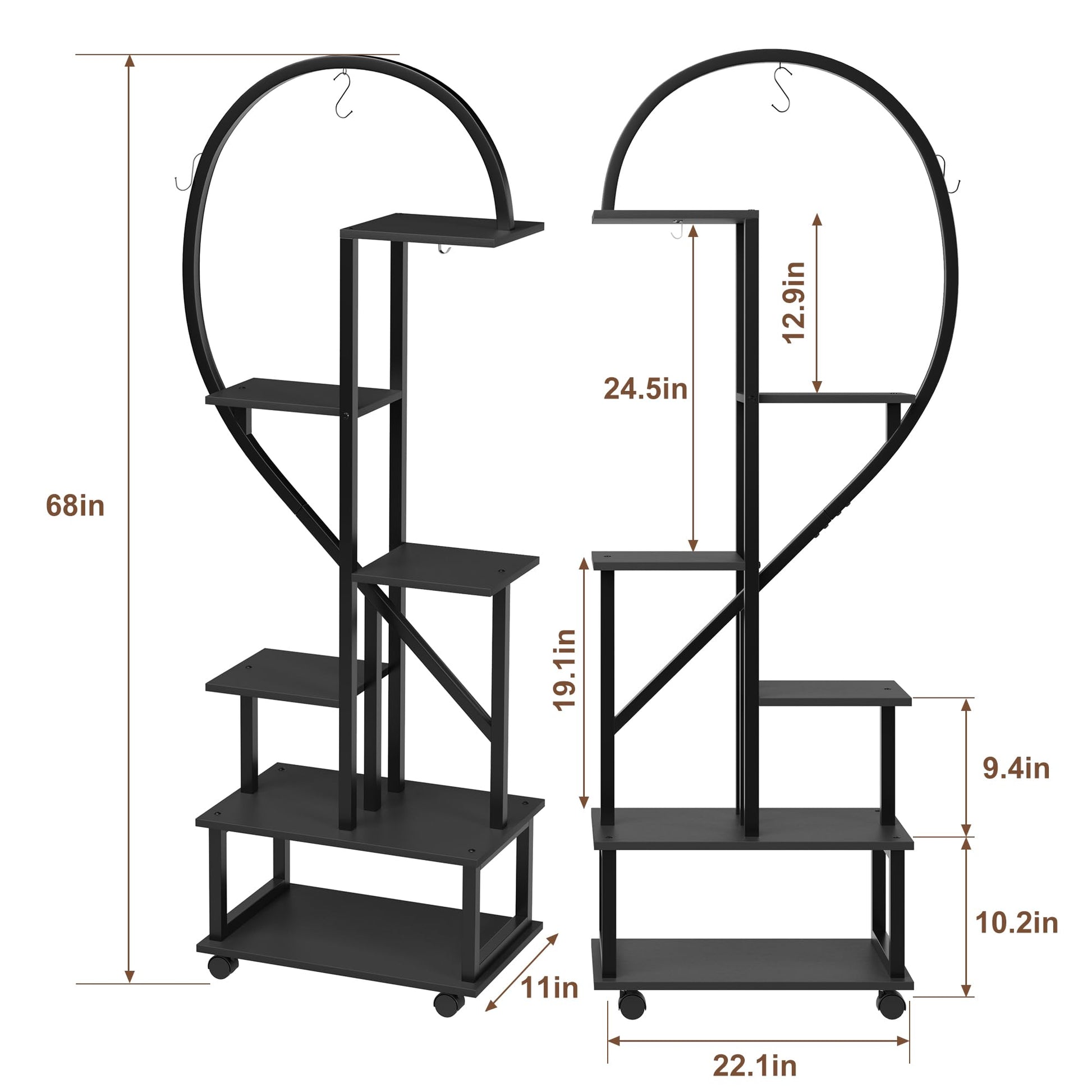 Ensemble de 2 supports à plantes Garvee, métal et bois, support à fleurs en forme de demi-cœur pour l'intérieur et l'extérieur, jardin, balcon, terrasse, noir