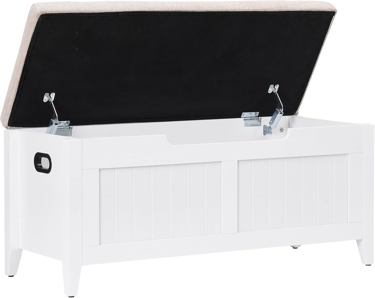 Banc de rangement Garvee 39,4 po avec coussin, charnières de sécurité, coffres de rangement, bois aggloméré, blanc, pour couloir et salon