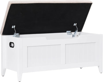Banc de rangement Garvee 39,4 po avec coussin, charnières de sécurité, coffres de rangement, bois aggloméré, blanc, pour couloir et salon