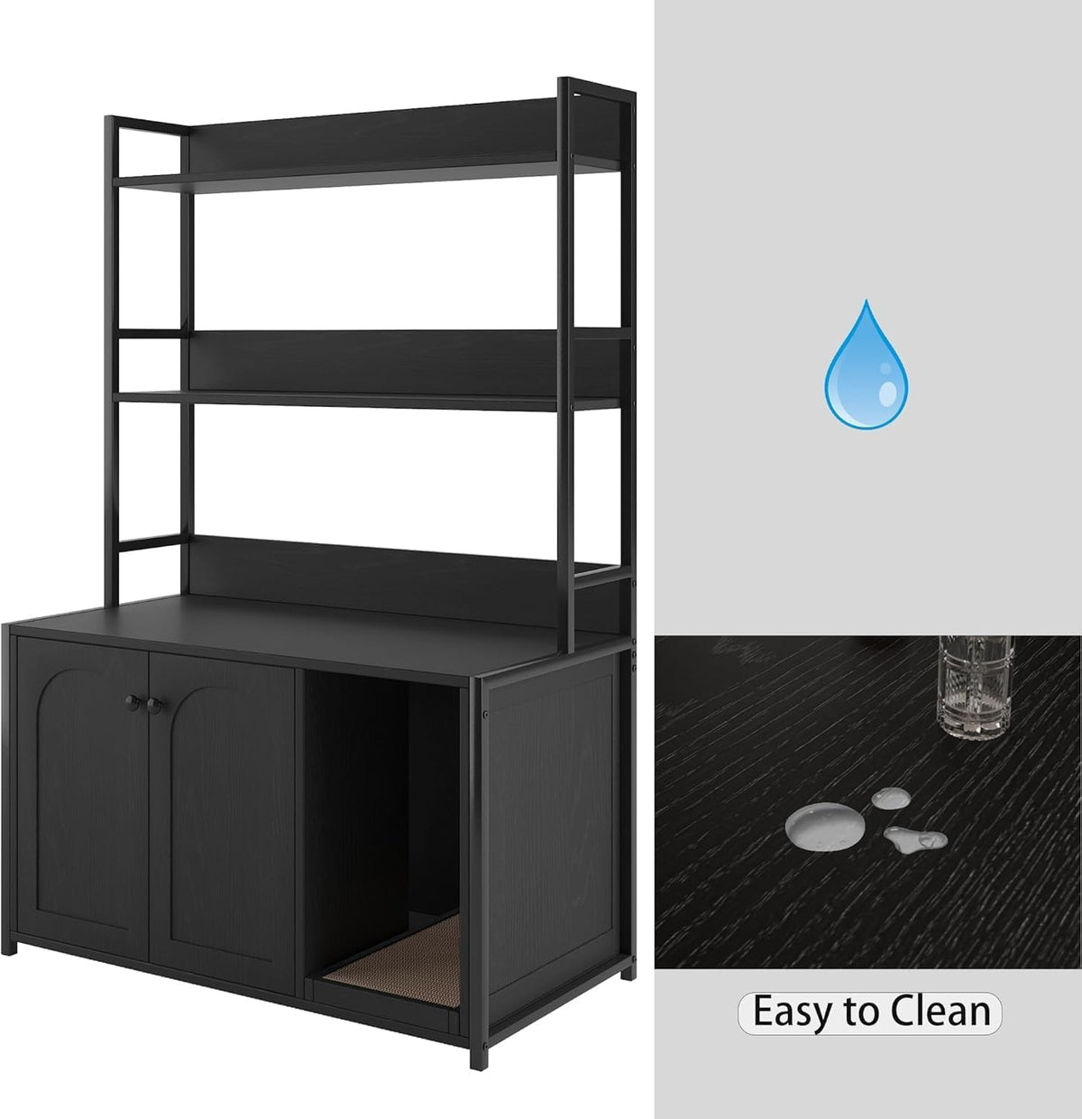 Garvee enclos pour bac à litière avec 2 portes, 2 étagères, griffoir pour usage intérieur, noir, MDF et acier, espace caché pour le chat, étagère intégrée