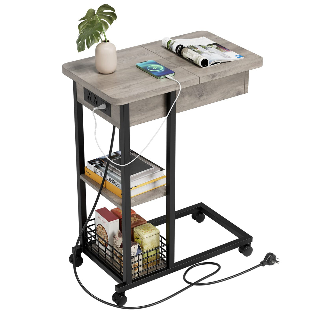 Table d'appoint Garvee en forme de C avec station de charge, ports et prises USB, rangement à 3 niveaux, mélamine grise pour salon et chambre