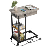 Table d'appoint Garvee en forme de C avec station de charge, ports et prises USB, rangement à 3 niveaux, mélamine grise pour salon et chambre