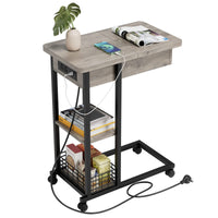 Table d'appoint Garvee en forme de C avec station de charge, ports et prises USB, rangement à 3 niveaux, mélamine grise pour salon et chambre