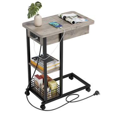 Table d'appoint Garvee en forme de C avec station de charge, ports et prises USB, rangement à 3 niveaux, mélamine grise pour salon et chambre