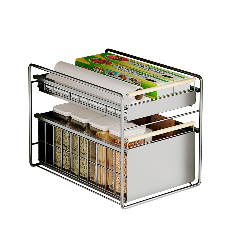 Organiseur de tiroir à 2 niveaux Garvee, 39 x 28 x 40 cm, argent – Système de rangement gain de place pour la cuisine et la salle de bain