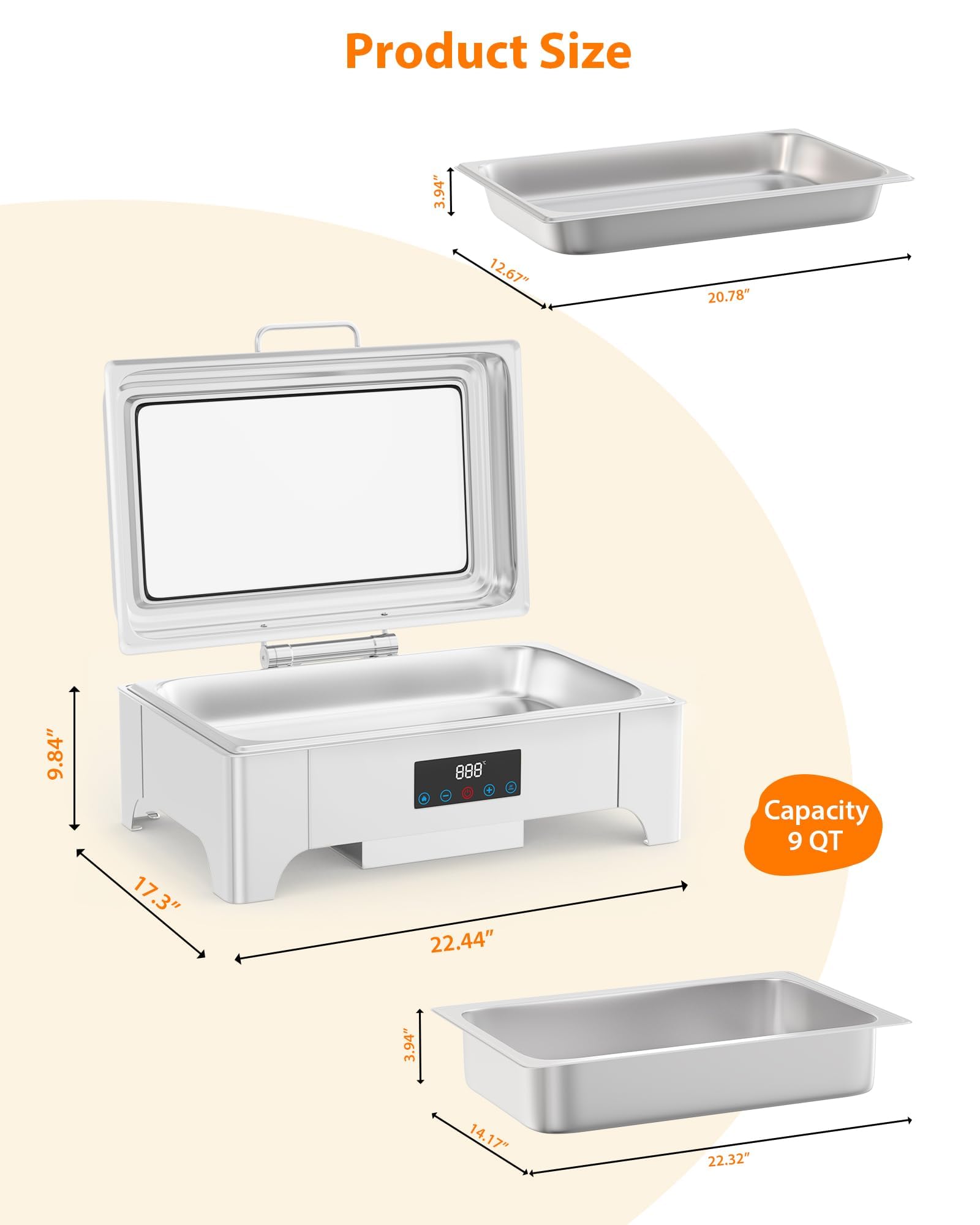 Garvee Ensemble de chauffe-plats professionnel 9L en acier inoxydable, récipient chauffant idéal pour les buffets, les traiteurs, les fêtes et les jours fériés B