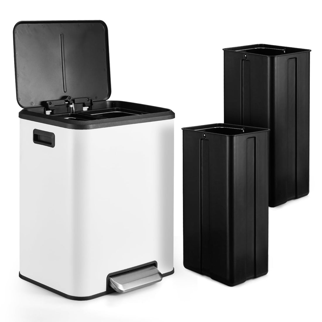 Poubelle double compartiment Garvee en acier inoxydable 30 L avec couvercle à fermeture douce, compacte et argentée, idéale pour les petites cuisines.