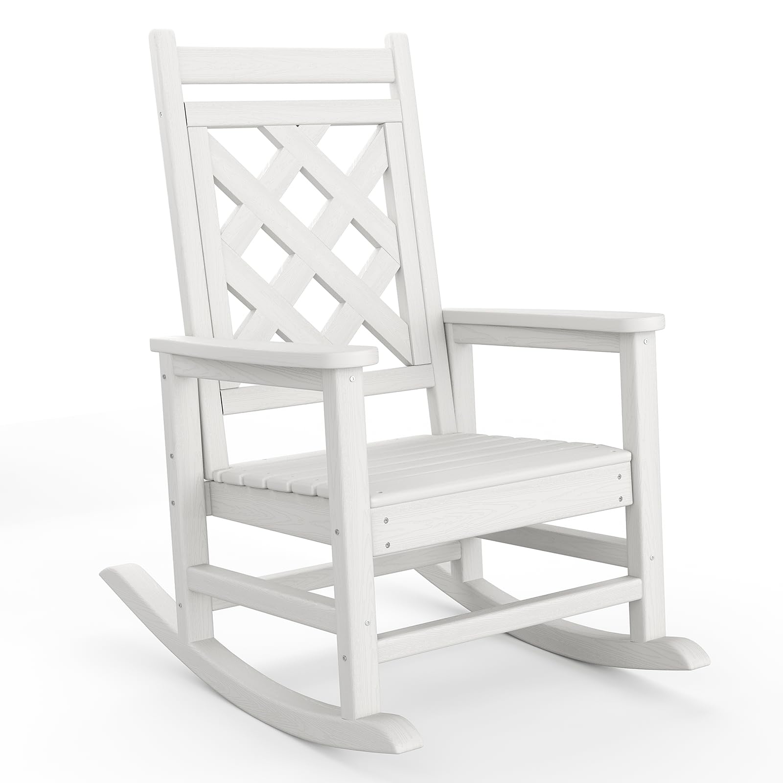 Fauteuil à bascule d'extérieur Garvee en PEHD résistant aux intempéries avec imitation bois pour terrasse et jardin, capacité de charge de 172 kg, blanc, ergonomique et facile à nettoyer