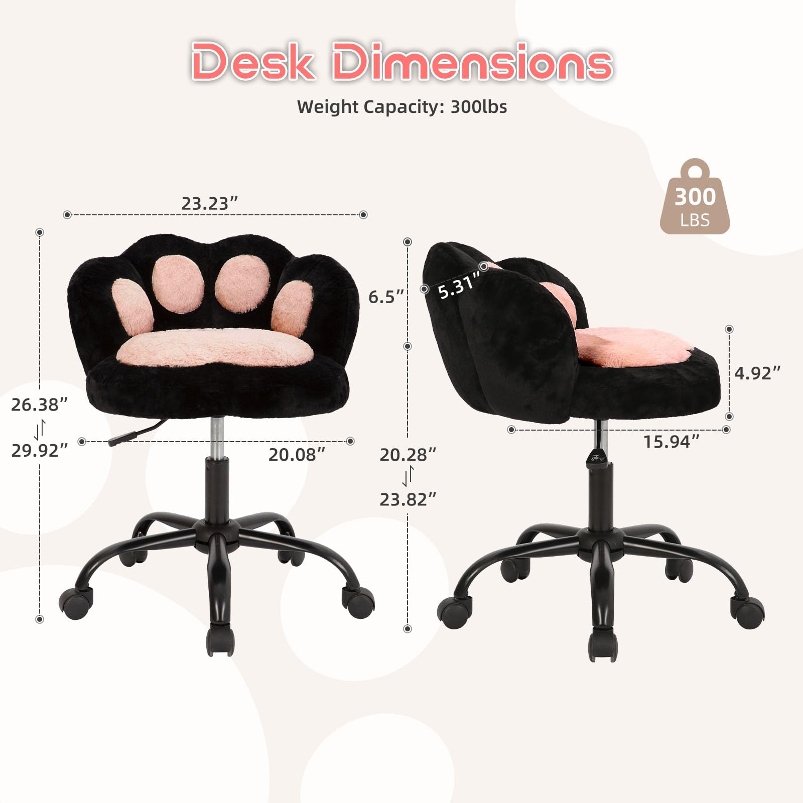 Chaise de coiffeuse Garvee à roulettes, pivotante à 360°, réglable en hauteur, en polaire douce, motif patte de chat, idéale pour la chambre et le bureau, renforcée en nylon, confortable