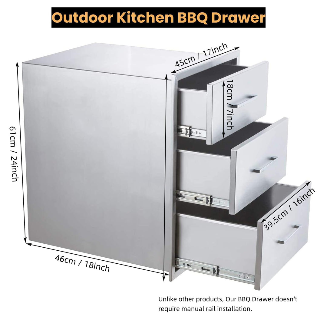 Tiroirs de cuisine extérieure Garvee 43 x 61 x 46 cm en acier inoxydable, 3 niveaux, pour barbecue, jardin et terrasse, résistant aux intempéries, couleur argent.