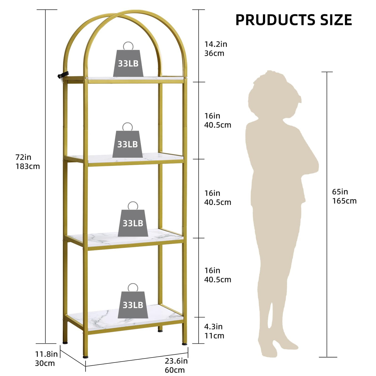 Garvee étagère à 4 niveaux avec arche, structure en métal, robuste, idéale pour le salon et le bureau, 183 × 61 × 30 cm, design moderne