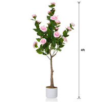 Lot de 2 camélias artificiels Garvee de 1,20 m avec pot blanc, pour l'intérieur et les espaces extérieurs couverts, réalistes et faciles d'entretien.