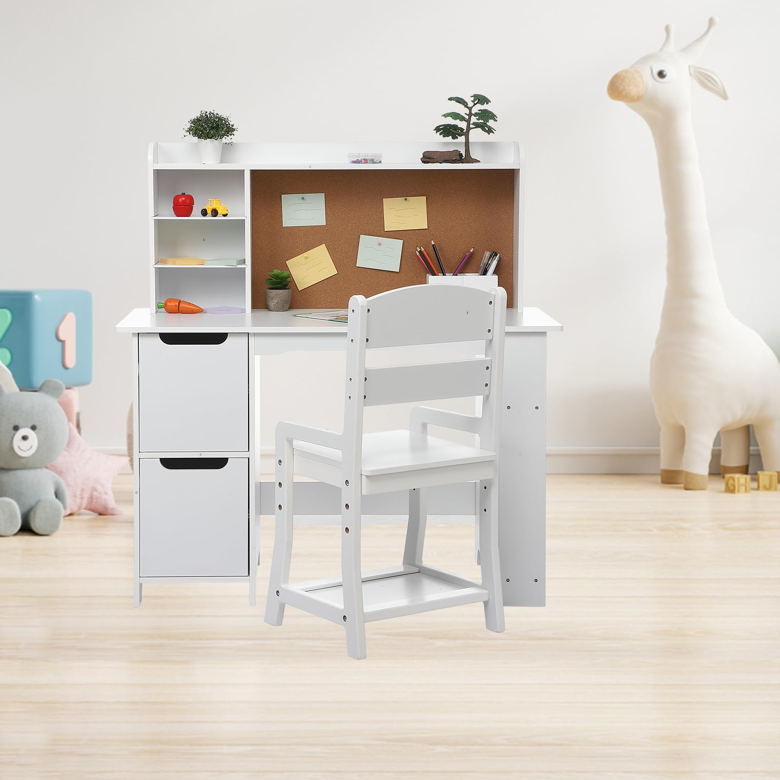 Ensemble bureau et chaise en bois Garvee pour enfants, avec étagère et tableau d'affichage, pour garçons et filles de 3 à 8 ans. Pratique et robuste, idéal pour apprendre et jouer.