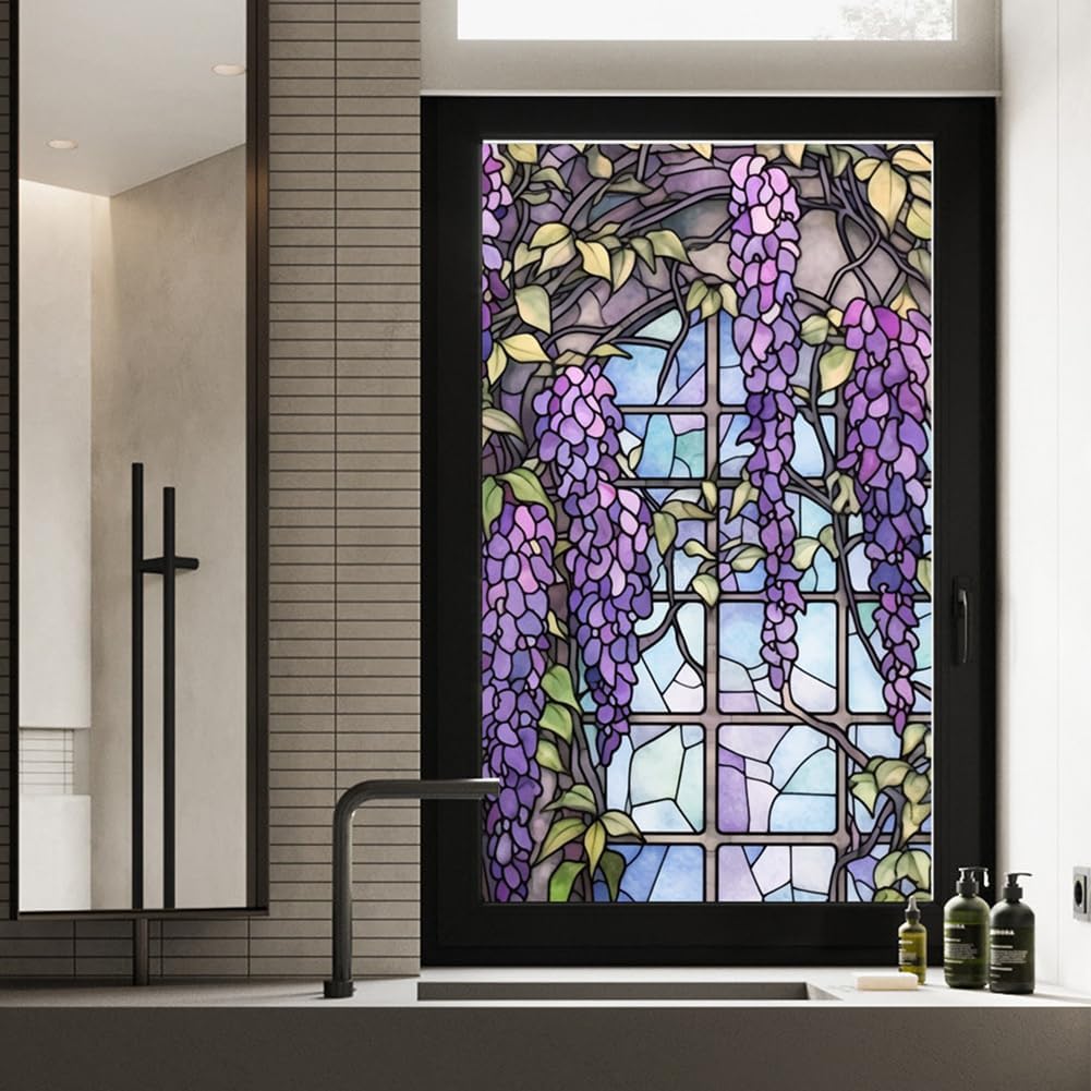 Film adhésif pour vitres Garvee effet vitrail à motif floral violet, 60 x 100 cm.