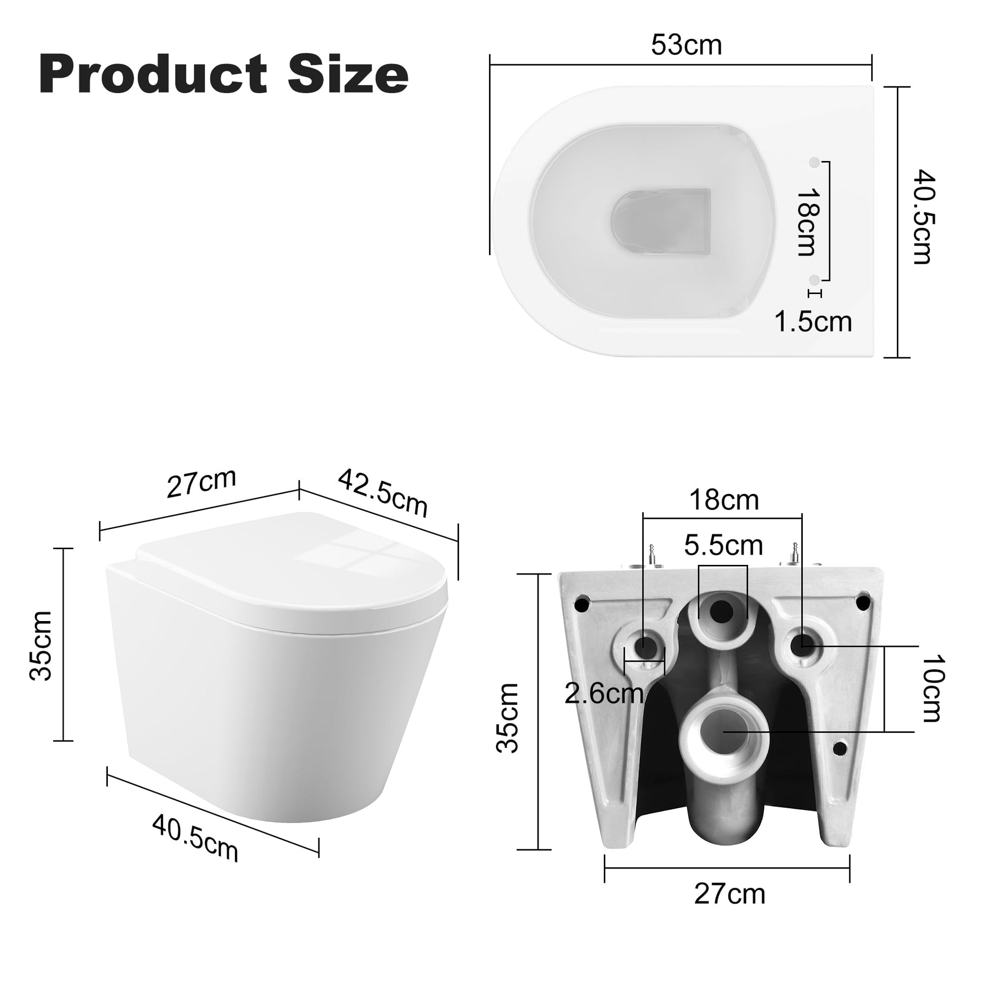 Abattant WC suspendu GARVEE, forme en D, 51 cm, blanc | Céramique, fermeture amortie | Pour salles de bains modernes