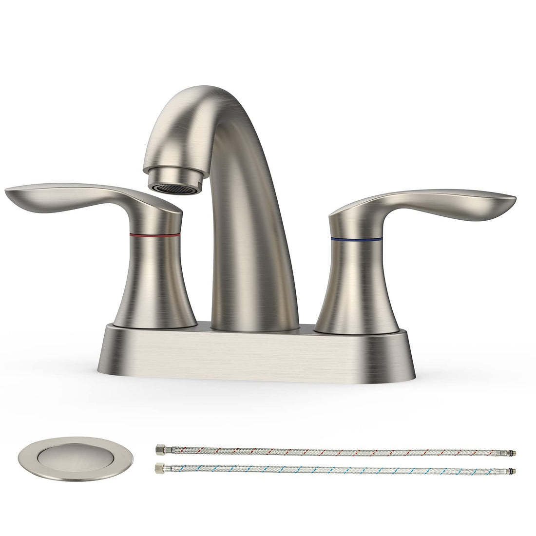 Robinet de salle de bain Garvee de 10 cm (4 po), valve en céramique, fini nickel brossé, double poignée, bonde escamotable, installation facile