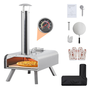 Four à pizza d'extérieur Garvee 12 pouces à granulés de bois, portable, en acier inoxydable, avec thermomètre, pour le camping et le jardin, noir