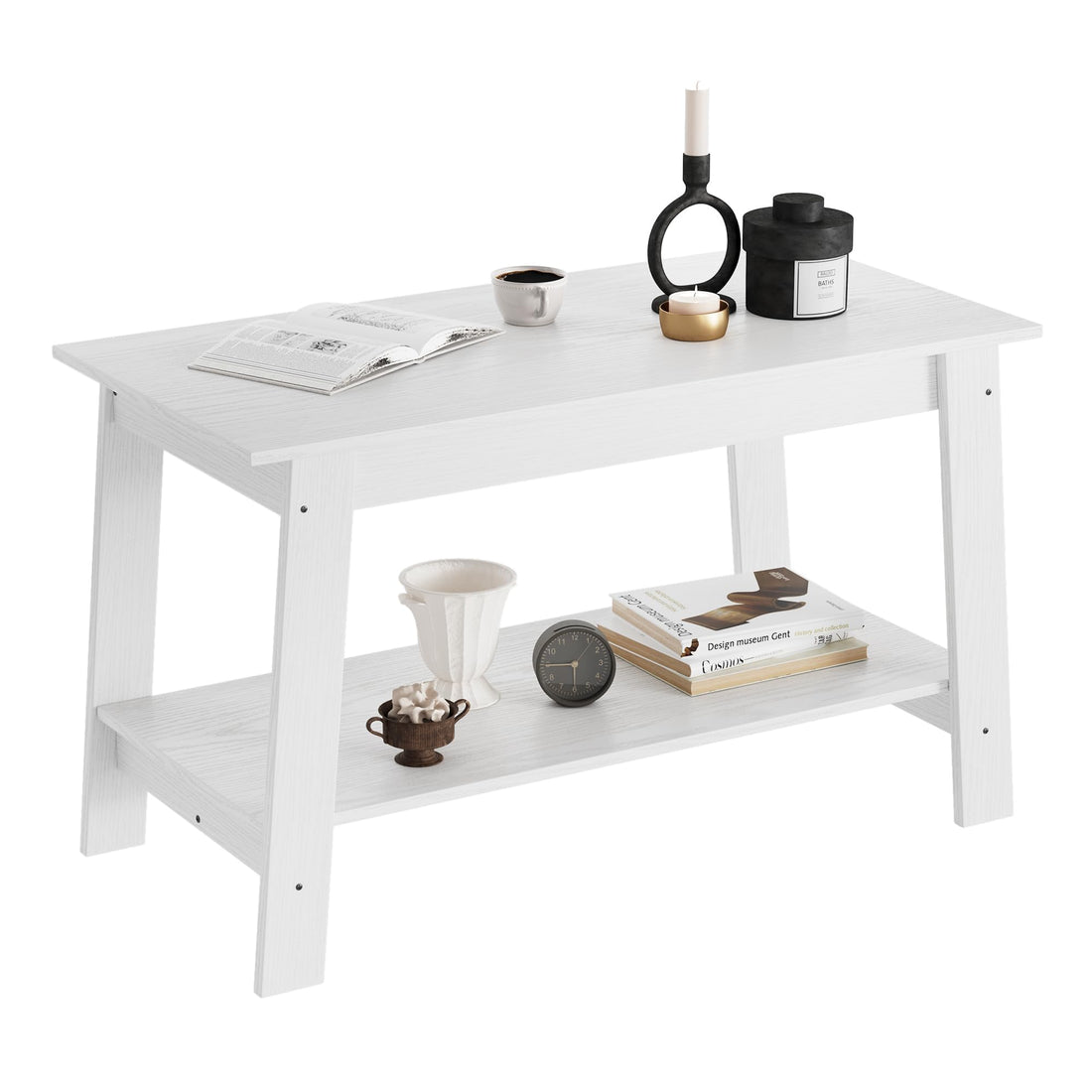 Table basse Garvee 80 cm, style rustique moderne, 2 niveaux, bois blanc, rectangulaire, idéale pour salon, bureau ou chambre.