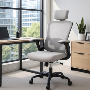 Chaise de bureau ergonomique Garvee avec soutien lombaire et appui-tête réglables, maille respirante, accoudoirs pliables, pivotante, grise, bureau