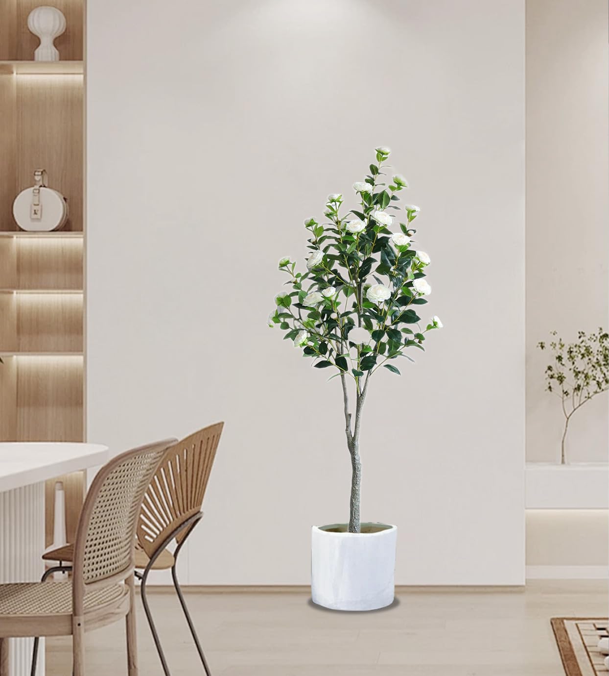 Camélia artificiel Garvee 150-180 cm avec feuilles et fleurs réalistes, facile d'entretien, blanc, pour la décoration de la maison et du bureau