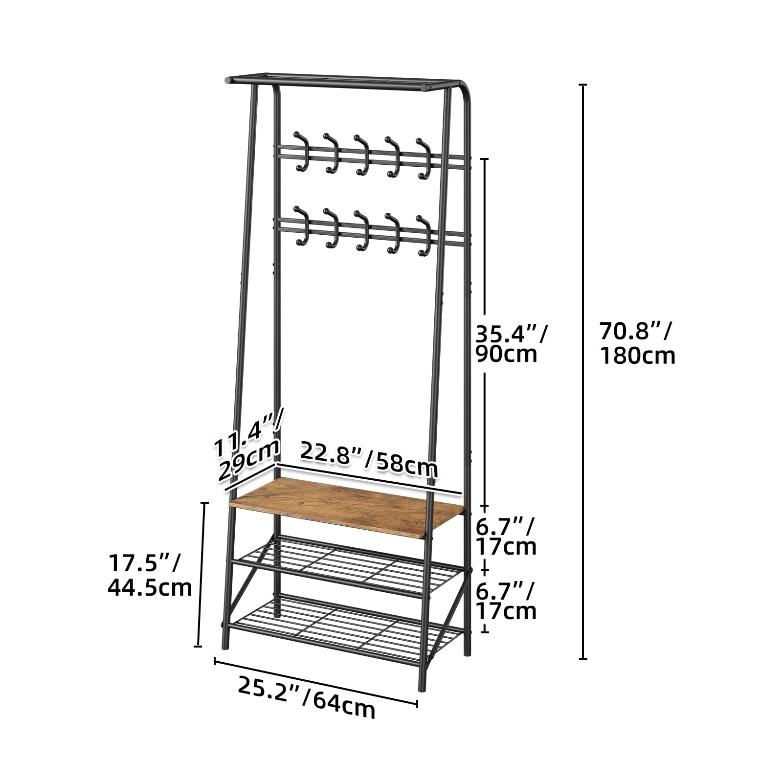 Banc d'entrée Garvee avec 10 crochets – Structure en métal, aspect bois, range-chaussures et siège 4 en 1 pour entrée et salon