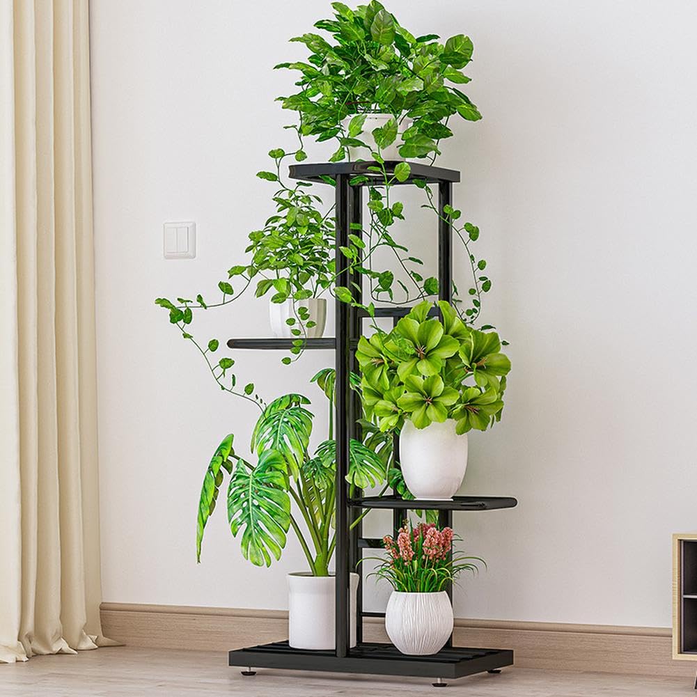 Support à plantes à 4 niveaux Garvee, en métal antirouille, pieds réglables, pour balcon et salon, gain de place, noir