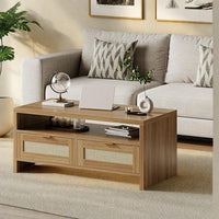 Garvee table basse bohème à 2 niveaux avec rangement, rotin et MDF, 2 tiroirs, style mid-century, chêne, salon et chambre
