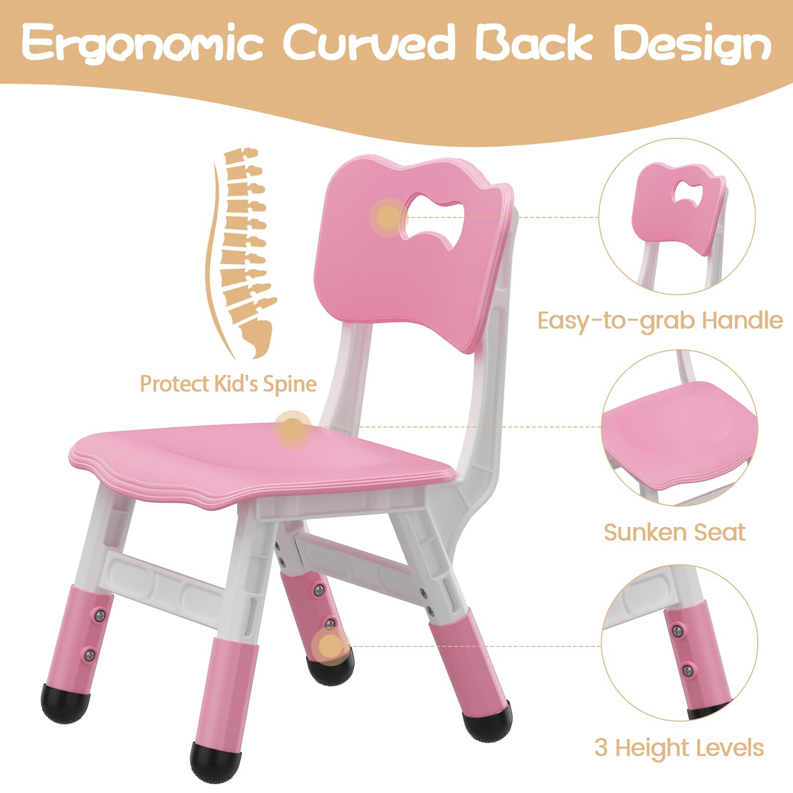 Chaise haute enfant Garvee, réglable en hauteur (3 niveaux), en plastique antidérapant, rose, pour la maison et la maternelle, lot de 2