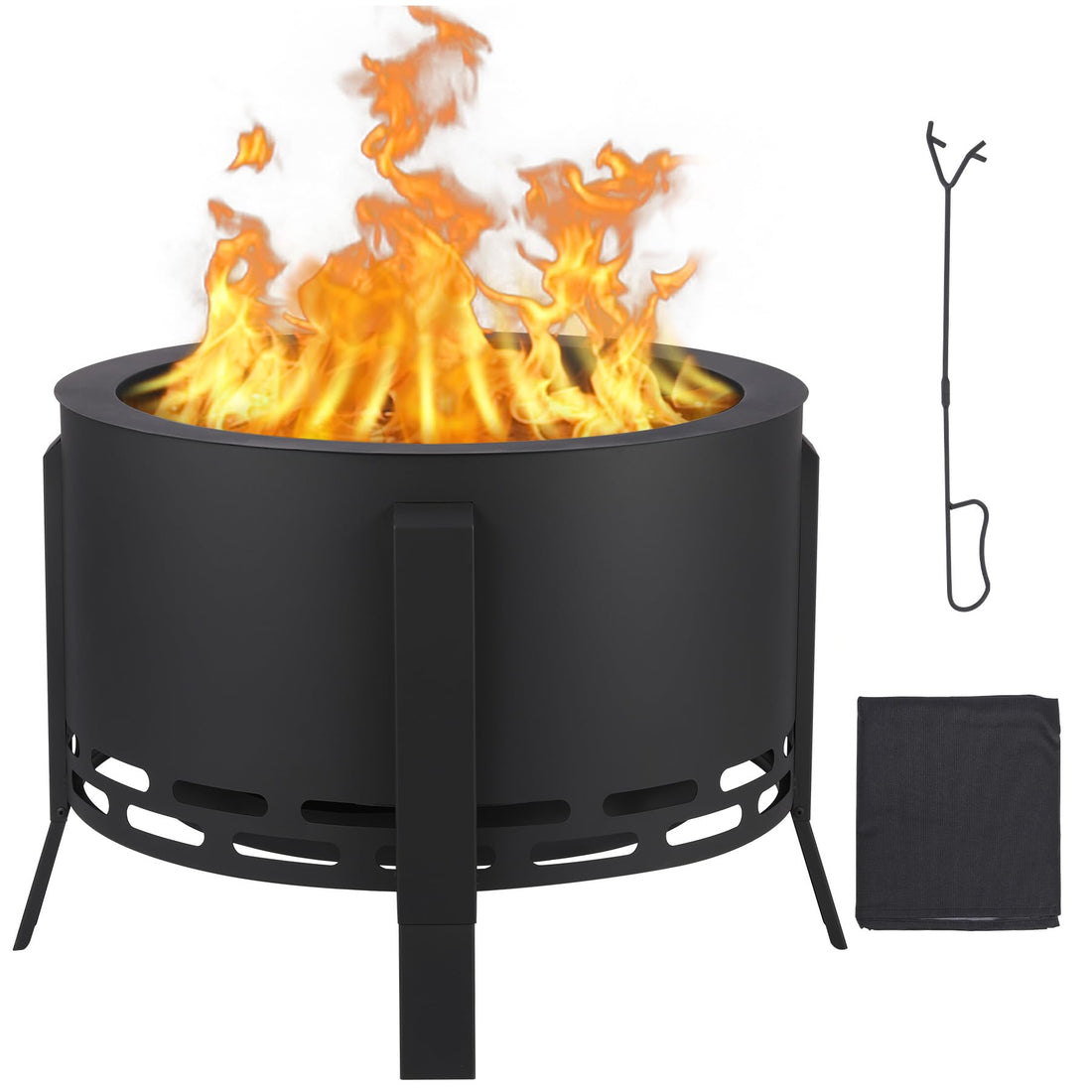 Garvee Brasero extérieur à fumée réduite 66cm, avec bac à cendres, pieds réglables et tisonnier, acier carbone noir pour barbecue et camping