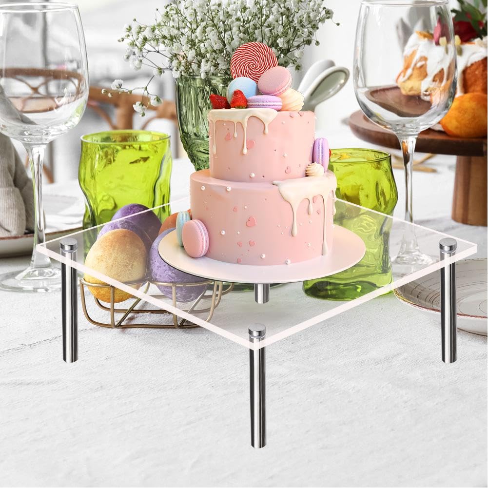 Garvee Taartstandaard Acryl 30 cm avec pieds en métal, carré transparent pour mariage, anniversaire, baby shower